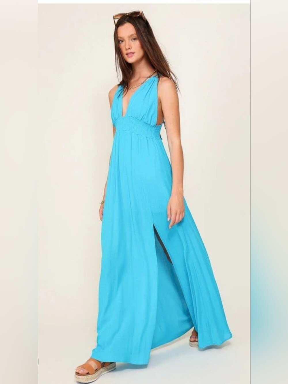 NWT TIMILY Elegant blue sleeveless maxi dress with a deep V-neck Size Large - Picture 2 of 13